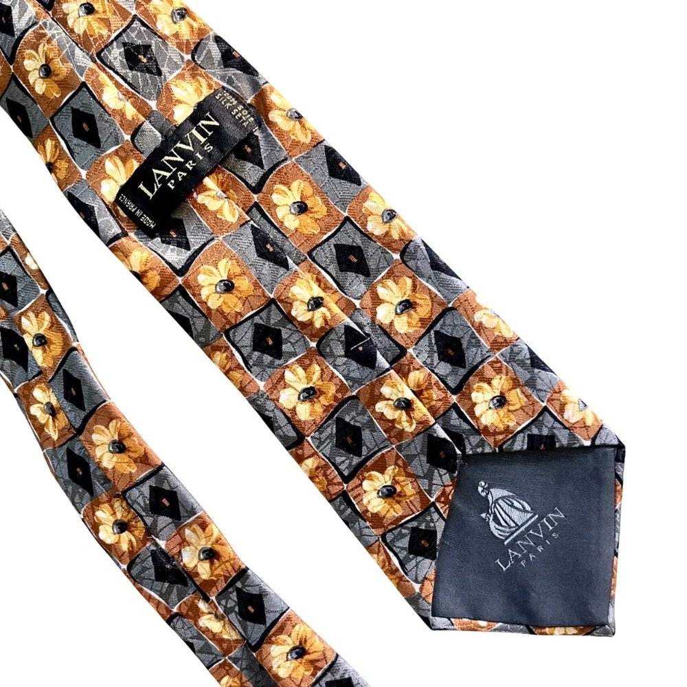 Lanvin Floral Checker Patterned Printed Copper Brown Grey 100% Silk Tie